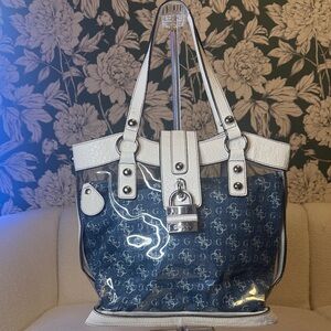 Guess Vintage Clear Tote with White Trim & Removable Denim Pouch EUC